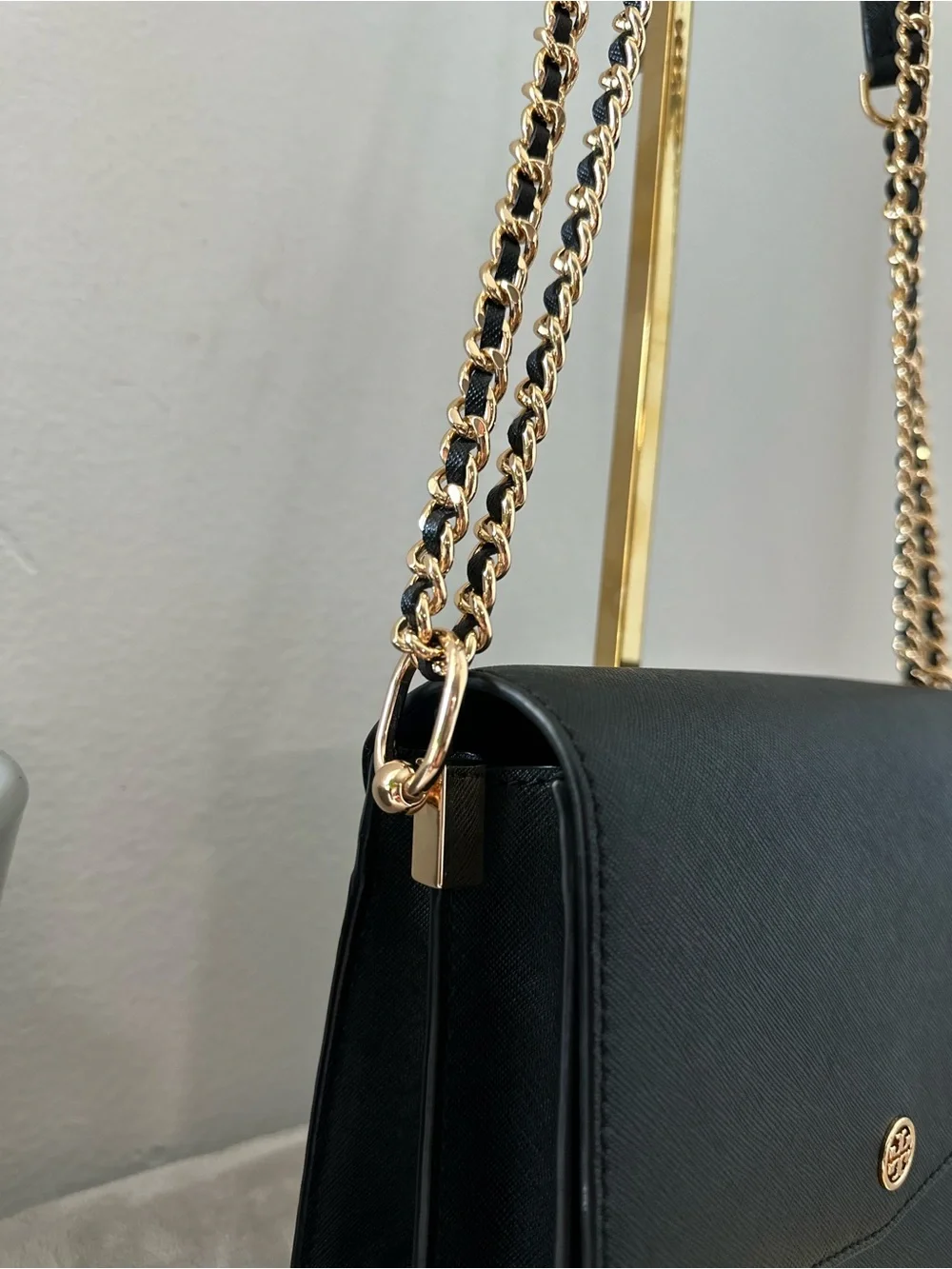 Black Leather Shoulder Bag with Gold Chain Strap